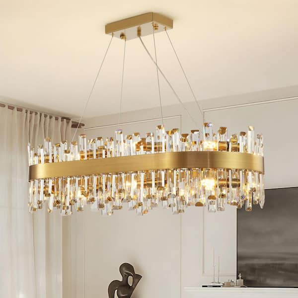 35.4 in. 16-Light Modern Chandelier, Gold Oval Crystal Chandelier, Rectangular K9 Crystal Hanging Ceiling Light Fixture