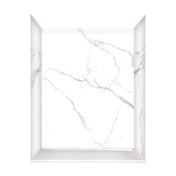 Glacier Bay 60 in L x 32 in W x 78 in H 4-Piece Glue Up Alcove Shower Wall and Right Concealed Drain Base in Calacatta White Marble