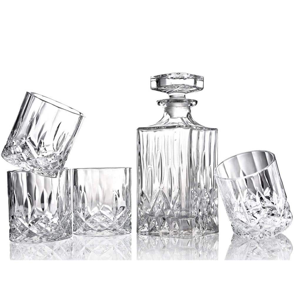 5-Piece Clear Glass Bar Set-Italian Crafted Crystal Decanter with 4-Double 