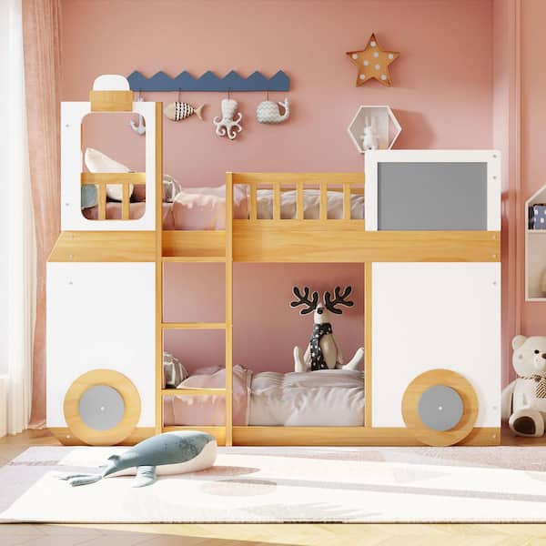 GODEER Natural Twin Size Bunk Bed Wooden Bed, Train Shape Design