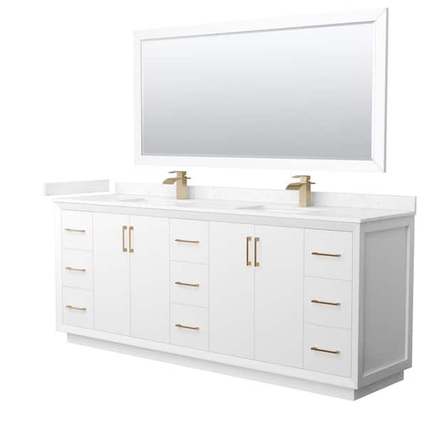 Wyndham Collection Strada 84 in. W x 22 in. D x 35 in. H Double Bath Vanity in White with Carrara Cultured Marble Top and 70 in. Mirror