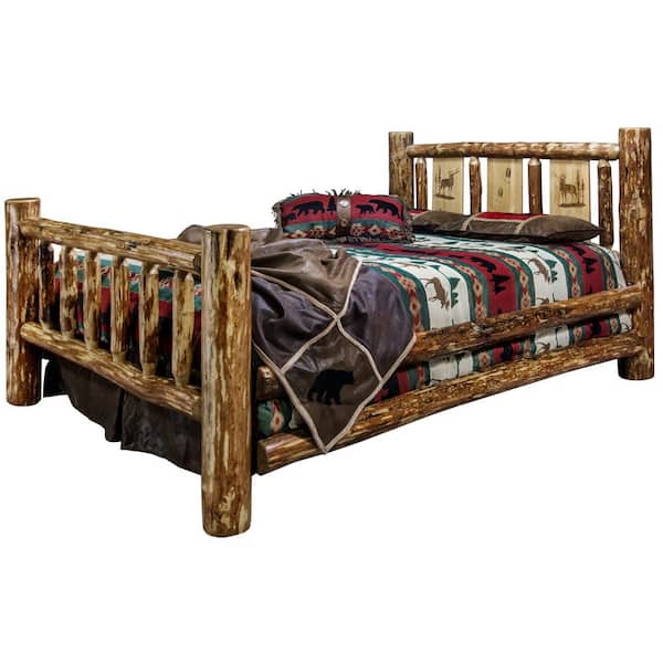 MONTANA WOODWORKS Glacier Brown Full Laser Engraved Elk Motif Spindle Style Bed