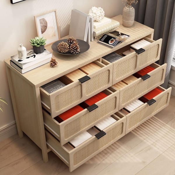 ATHMILE Natural Wooden Rattan Woven 6-Drawer Storage Dresser