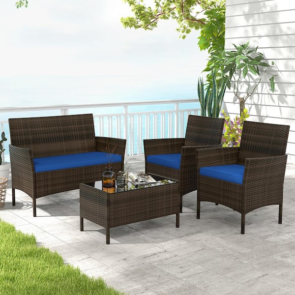 Liviza 4-Piece Wicker Patio Conversation Set with Navy Cushions