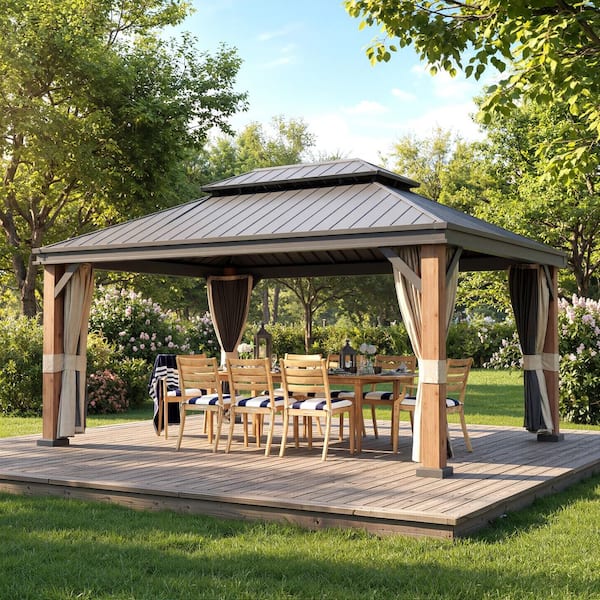 12 ft. x 16 ft. Outdoor Patio Hardtop Gazebo Aluminum Wood-Grain Frame Gazebo with Double Roof, Mesh and Curtains