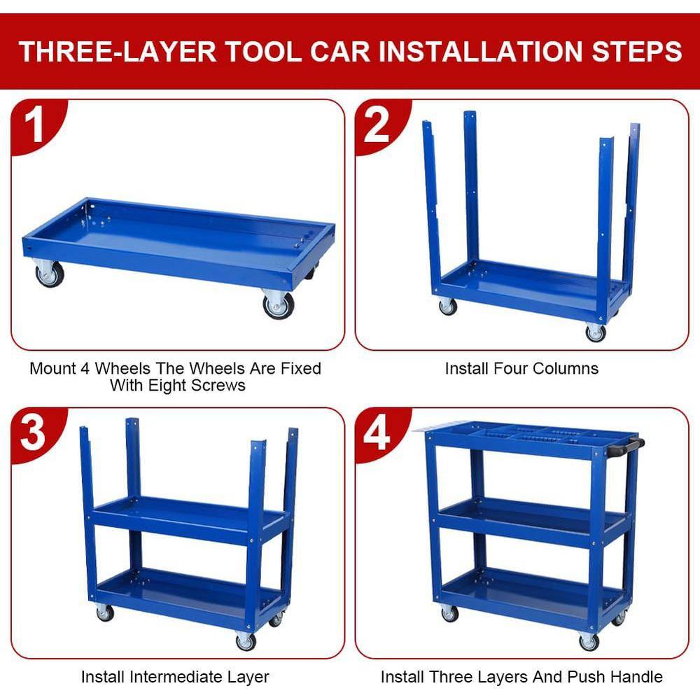 Blue 3-Tier Heavy Duty Steel Utility Cart with Lockable Wheels