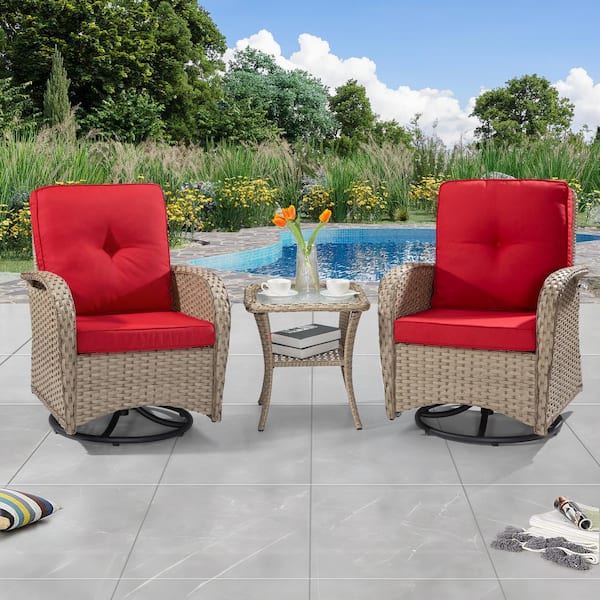 JOYSIDE 3-Pcs LIght Brown Wicker Outdoor Rocking Chair Patio Conversation Set Swivel Chairs with Red Cushions and Table