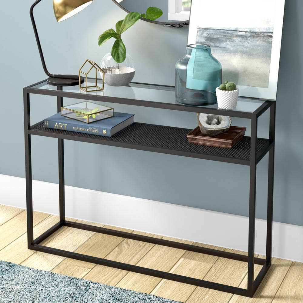 Nellie 42" Blackened Bronze Console Table with Metal Mesh Storage Shelf