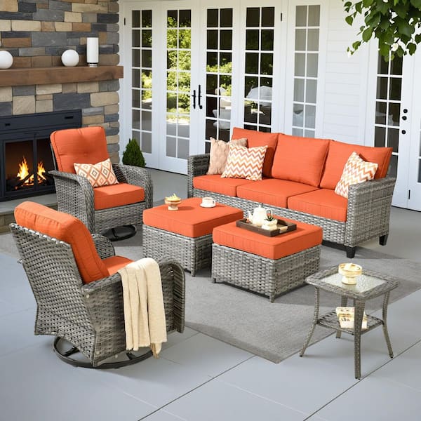 Daphne 6-Piece Wicker Patio Conversation Sofa Seating Swivel Rocking Chairs Set with Ottomans and Orange Red Cushions