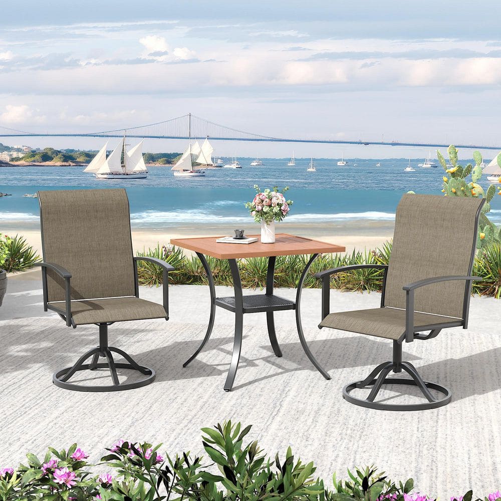 3-Piece Metal Outdoor Dining Set with 27.6 in. Walnut Square Dining Table and 2 Brown Textilene Swivel Patio Chairs price history on PriceWatchPro