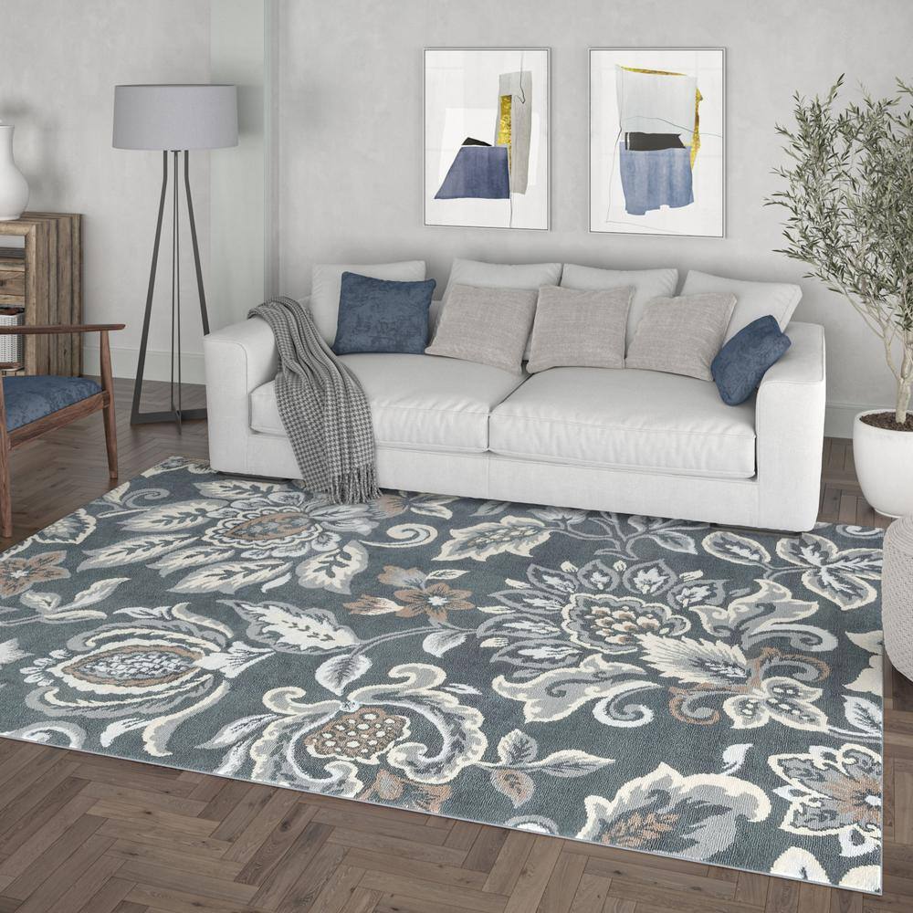 Dark Gray Floral Synthetic 8' x 10' Rectangular Area Rug