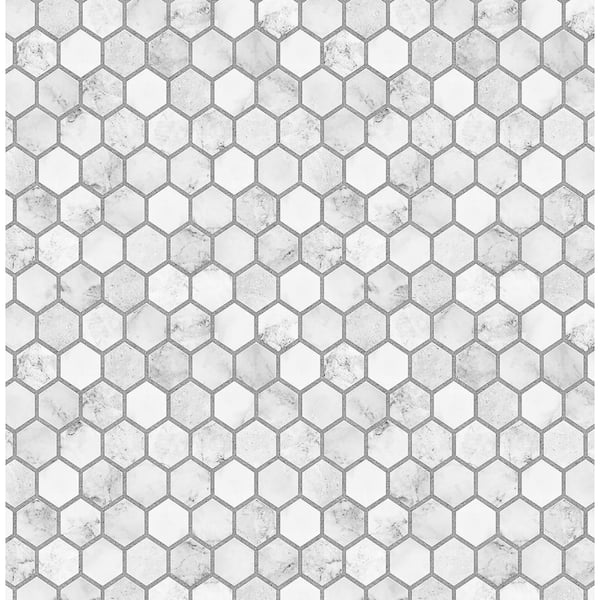 NextWall Faux Carrara and Argos Grey Marble Hexagon 20.5 in. x 18 ft. Peel and Stick Wallpaper