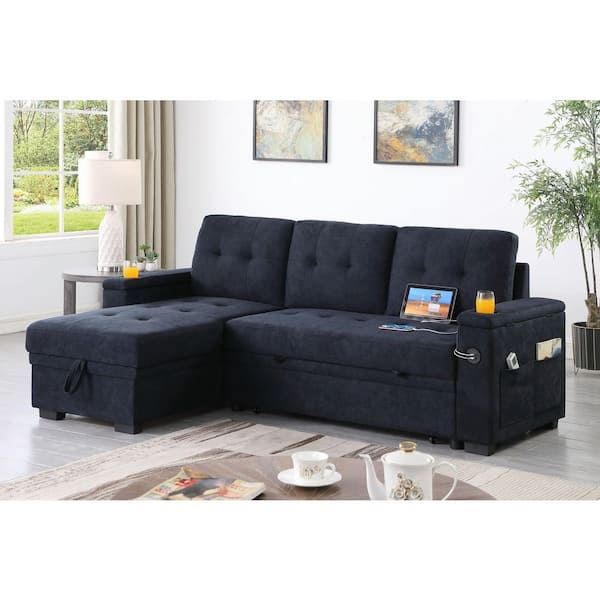 Shannon 84 in. Fabric Rectangle Sectional Sofa in Dark Gray with Storage Arm, Cup Holder, Charging Ports, Side Pockets