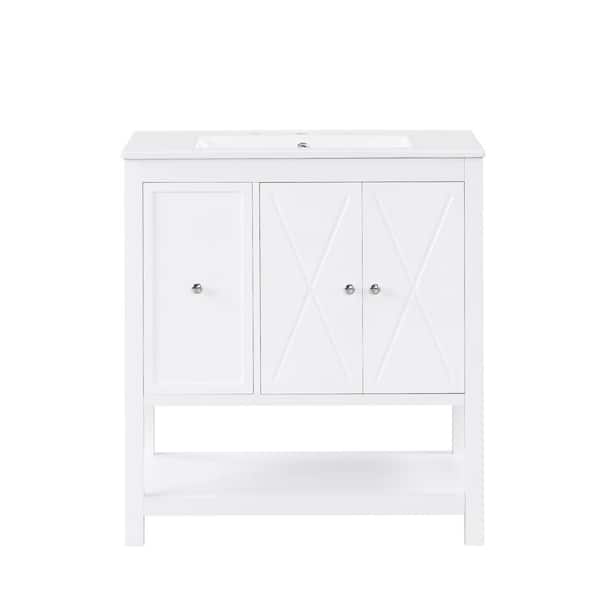 Cesicia 30 in. W x 18.3 in. D x 34 in. H Single Sink Freestanding Bath Vanity in White with White Ceramic Top