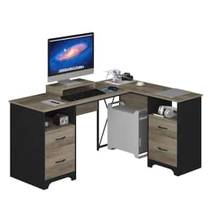 63 in. Rectangular Grey 4-Drawers L Shaped Computer Desk with 2-Open Storage and Monitor Stand