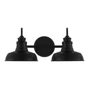Elmcroft 18.25 in. 2-Light Matte Black Modern Farmhouse Bathroom Vanity Light with Metal Shades