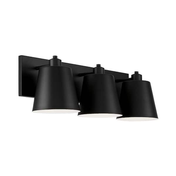 Alden 24 in. W x 8.25 in. H 3-Light Matte Black Modern Metal Vanity Light with White Interior