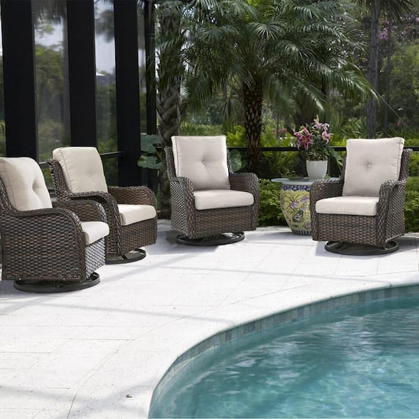 Carolina 4-Person Brown Wicker Outdoor Glider Patio Swivel Rocking Chair Set with CushionGuard Beige Cushions