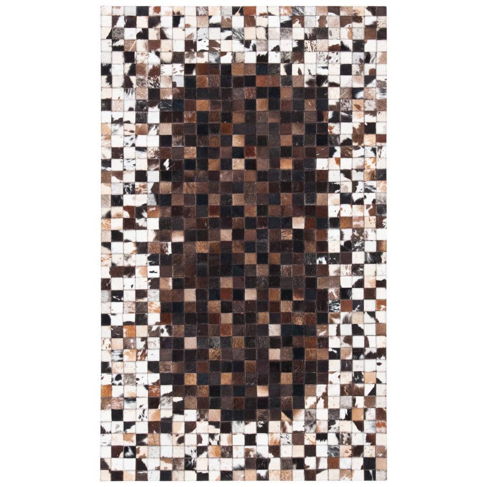Beige and Brown Hand-Knotted Geometric Cowhide Rug
