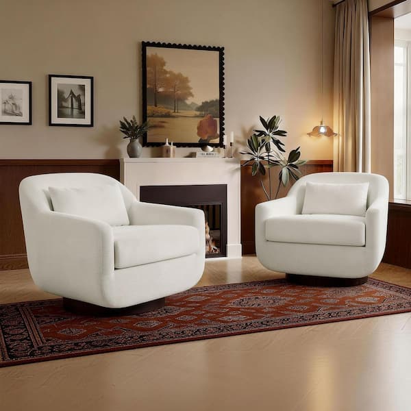 Modern Beige Chenille Upholstered Swivel Accent Barrel Chair With Lumbar Pillow  (Set of 2)