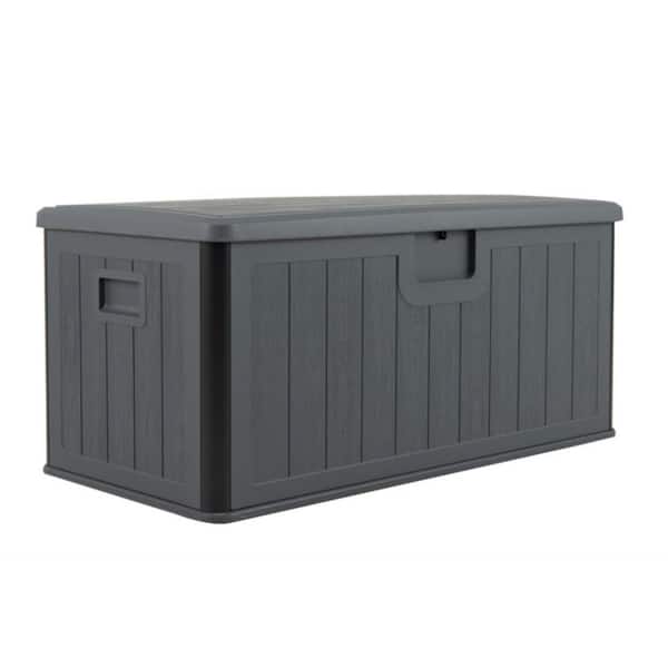 100 Gal. HDPE Round Edge Deck Box with Lockable Lid and Handles for Cushions, Tools, Pool Supplies, in Gray