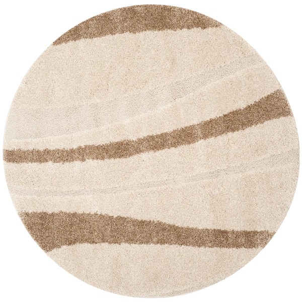 SAFAVIEH Florida Shag Cream/Dark Brown 4 ft. x 4 ft. Round Striped Area Rug