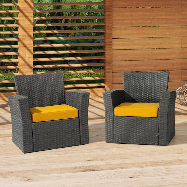 Fading Free 20 in. W. x 19.5 in. x 4 in. Yellow Outdoor Patio Thick Square Lounge Chair Seat Cushion with Ties 2-Pack
