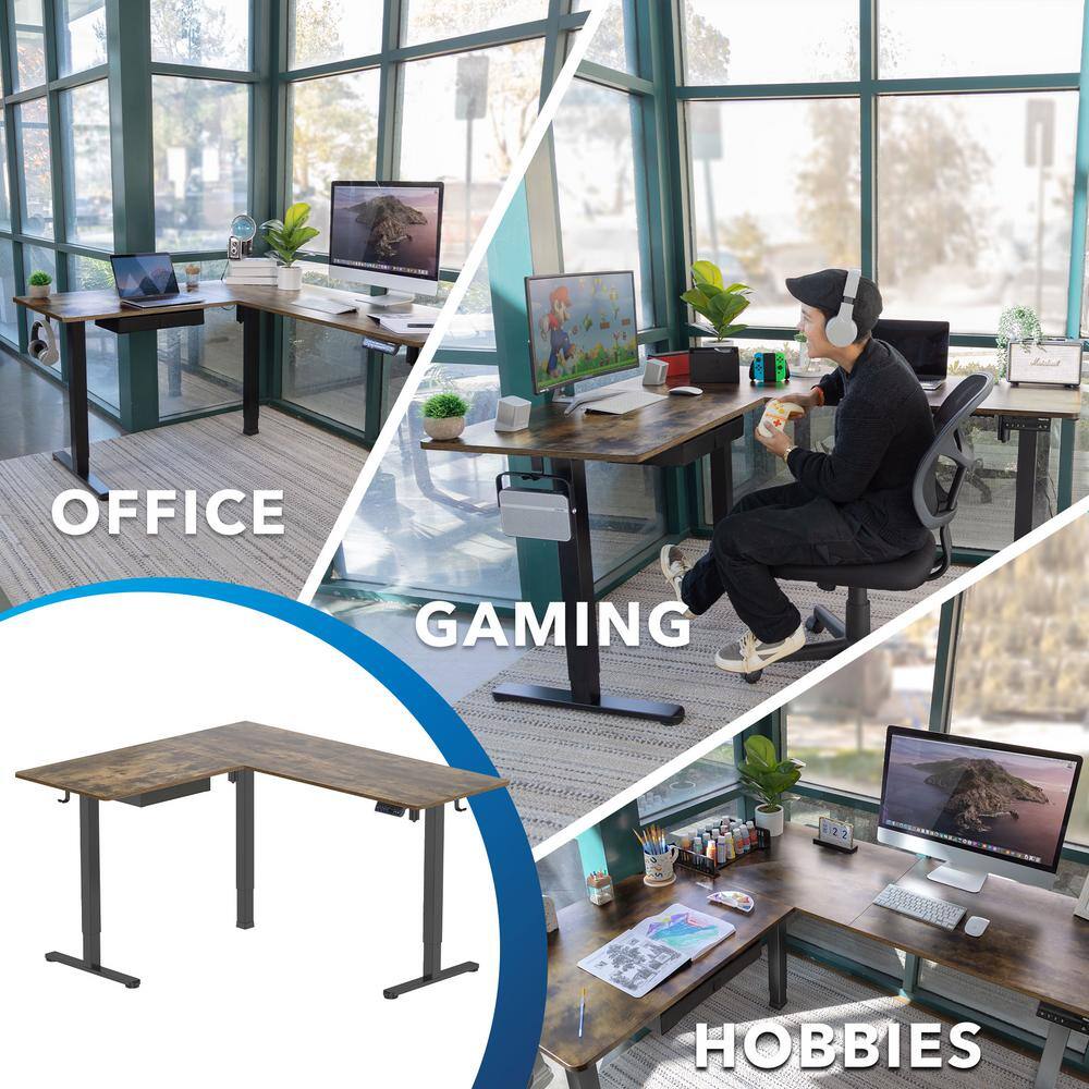 Rustic Brown L-Shaped Electric Adjustable Standing Desk with Drawer
