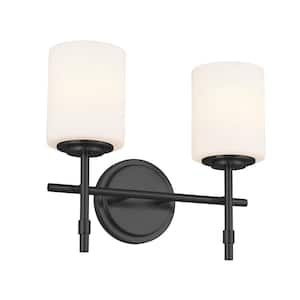 Ali 14 in. 2-Light Black Traditional Bathroom Vanity Light with Satin Etched Case Opal Glass Shades