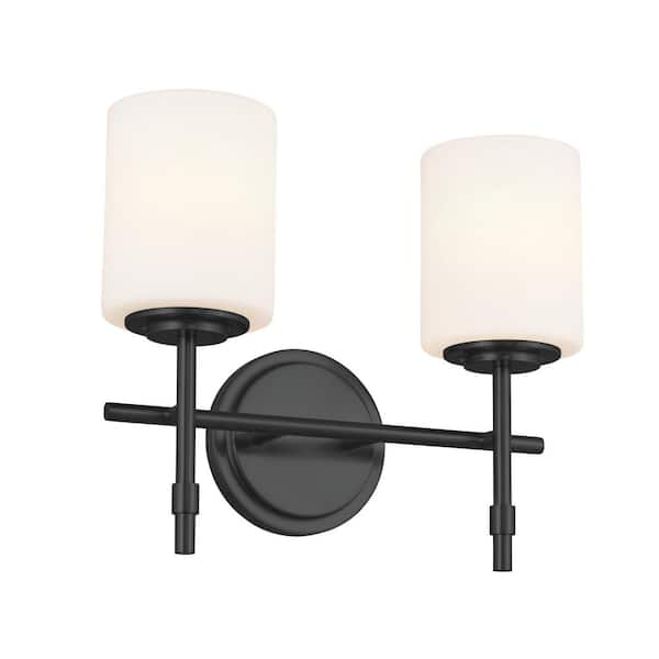 KICHLER Ali 14 in. 2-Light Black Traditional Bathroom Vanity Light with Satin Etched Case Opal Glass Shades