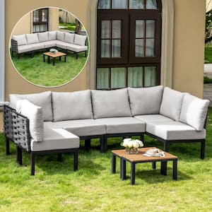 7-Piece Black Metal Outdoor Patio Conversation Set with 6 in. Thick Gray Cushions, U-Shaped Sectional Modular Couch