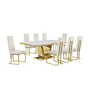 Ada 9-Piece Rectangle White Marble Top With Gold Stainless Steel Dining Set With 8 Cream Velvet Gold Chrome Chairs