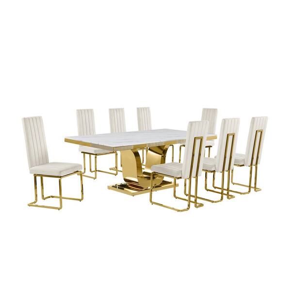 Best Quality Furniture Ada 9-Piece Rectangle White Marble Top With Gold Stainless Steel Dining Set With 8 Cream Velvet Gold Chrome Chairs