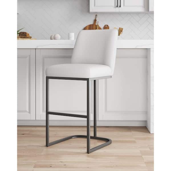 Manhattan Comfort Serena Modern 29.13 in. White Metal Bar Stool with Faux Leather Upholstered Seat