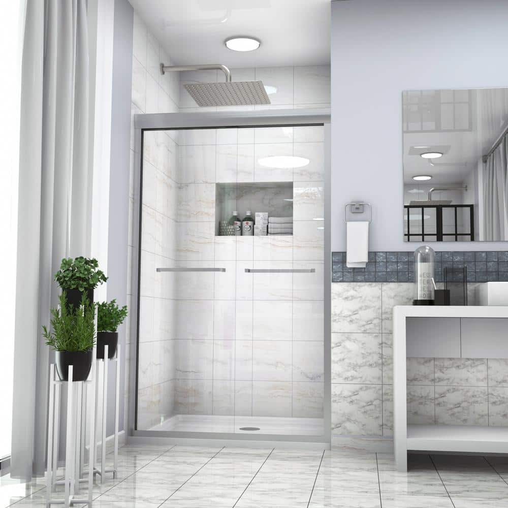 48" W x 76" H Brushed Nickel Semi-Frameless Sliding Shower Door