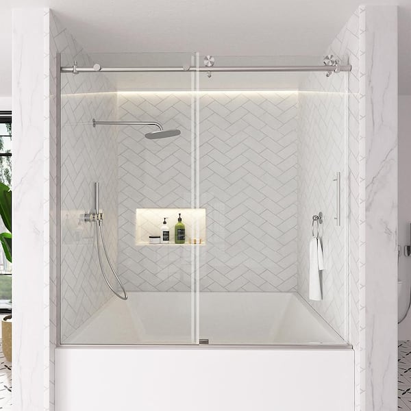 Verie 60 in. W x 60 in. H Frameless Sliding Tub Door in Brushed Nickel with 1/4 in. Clear Tempered Glass