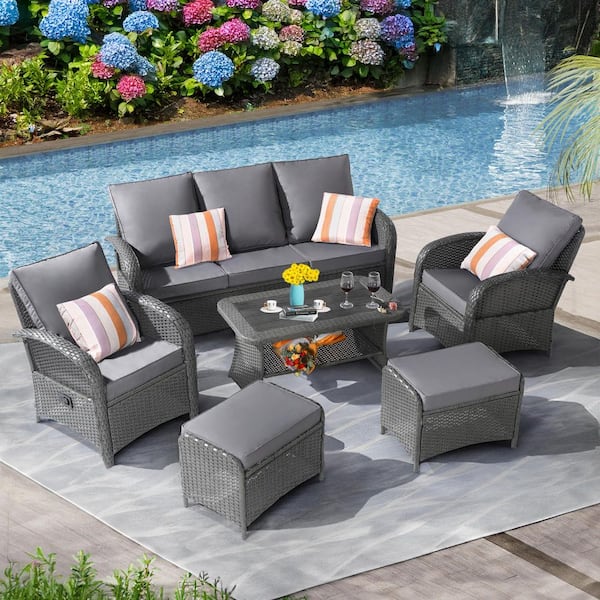 Grey 6-Piece Wicker Outdoor Patio Conversation Sectional Seating Set Grey Cushions