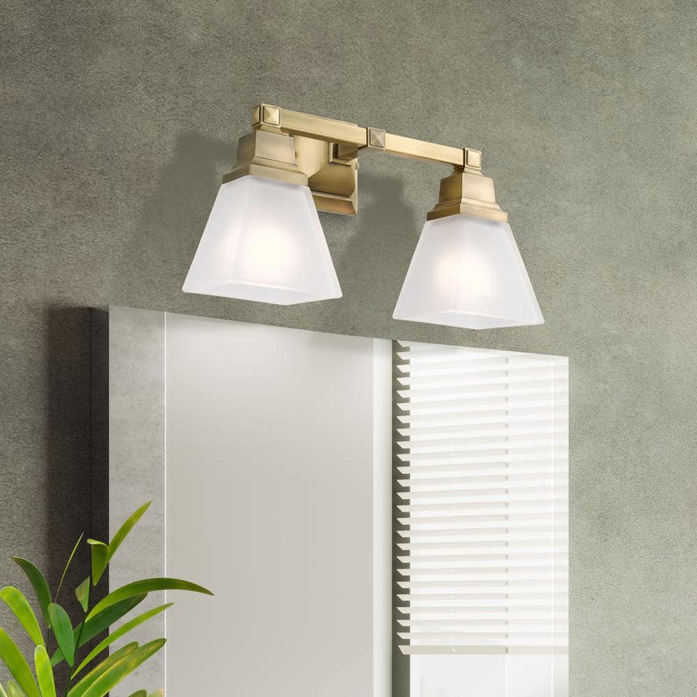 Antique Brass 2-Light Vanity Fixture with Satin Glass Shades
