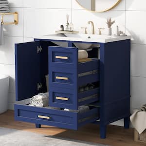30 in. W x 17.2 in. D x 34 in. G Freestanding Single Sink Bath Vanity in Blue with White Resin Top