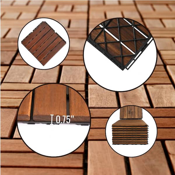 Afoxsos 12 in. x 12 in. Square Teak Wood Interlocking Flooring Tiles  Striped Pattern (Pack of 10 Tiles) DJMX026 - The Home Depot