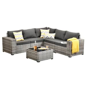 Tahoe Gray 6-Piece Wicker Extra-Wide Arm Outdoor Patio Conversation Sofa Set with Black Cushions