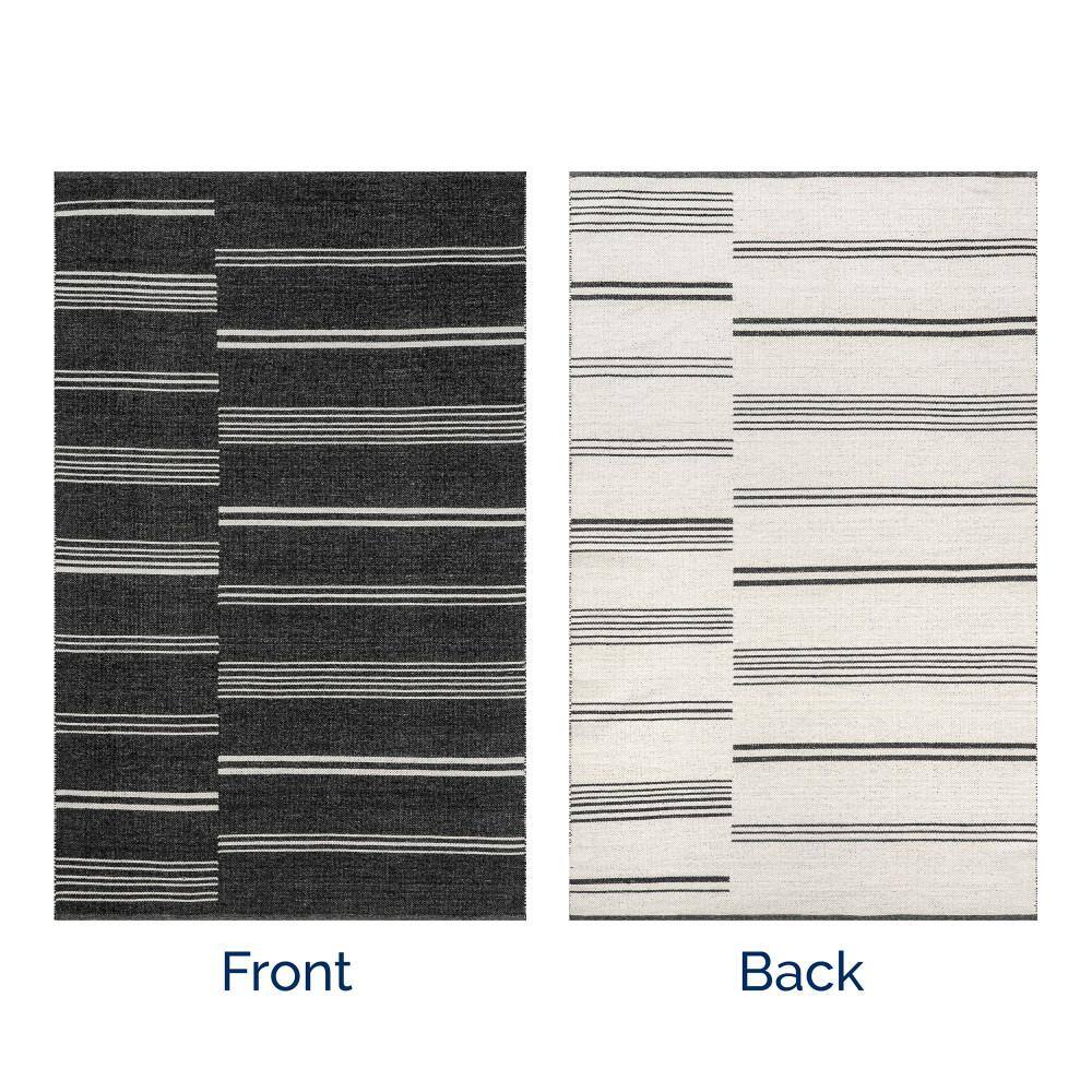 Dark Grey Handmade Wool Reversible Striped 9' x 12' Area Rug