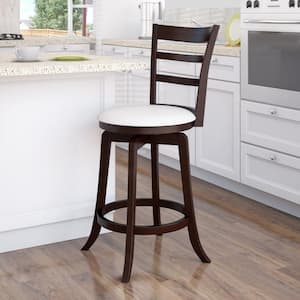 Woodgrove 25 in. Counter Height Wood Swivel Bar Stools with White Leatherette Seat and 3-Slat Backrest