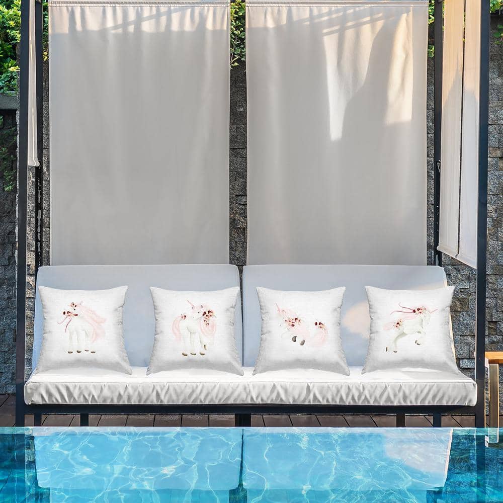 Pink Floral Unicorn White Square Outdoor Throw Pillow Set