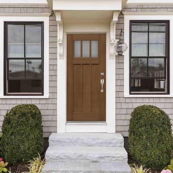 36 in. x 80 in. Medium Oak Left-Hand Inswing 3 Lite Frosted Craftsman Stained Fiberglass Prehung Front Door