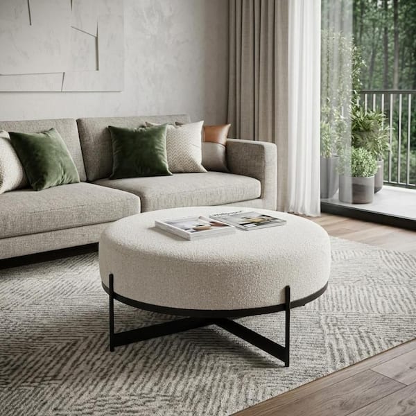 Beige Fabric Round Accent Ottoman