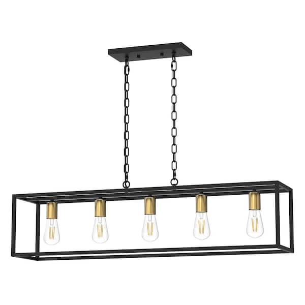 5-Light Matte Black and Gold Farmhouse Rectangular Chandelier for Kitchen Island or Dining Room