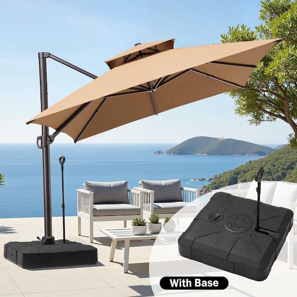 13 ft. x 10 ft. Double Top Rectangular Cantilever Patio Umbrella in Tan with 300 lbs. Base Stand in Black