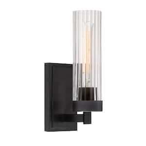 Braden 4.5 in. 1-Light Iron Graphite Modern Wall Sconce with Clear Striated Glass Shade