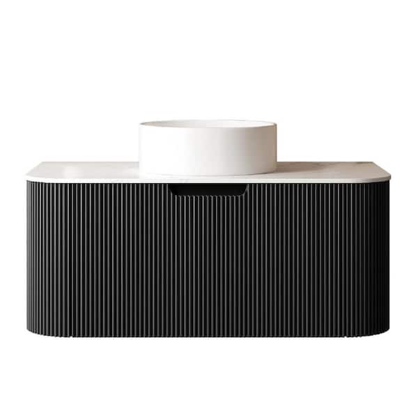 36 in. Single Sink Wall-Mounted Black Bath Vanity with White Engineered Marble Top Assembled